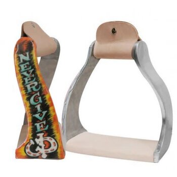 Showman Twisted Angled Aluminum Western Stirrups with "Never Give Up"