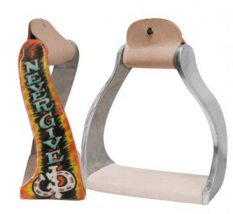 Showman Twisted Angled Aluminum Western Stirrups with "Never Give Up"