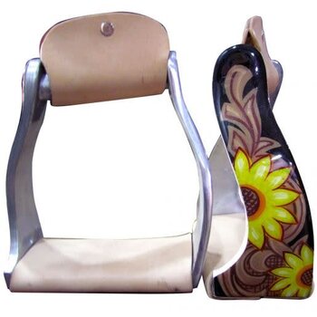 Showman Twisted Angled Aluminum Western Stirrups with Sunflowers and Leather Motif