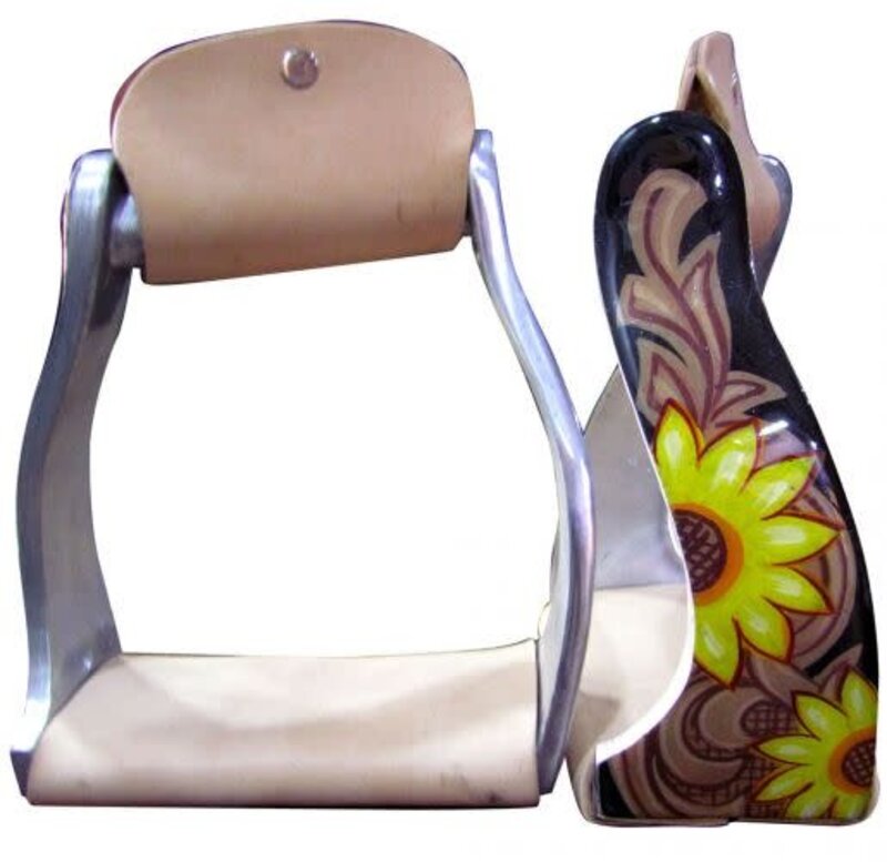 Showman Twisted Angled Aluminum Western Stirrups with Sunflowers and Leather Motif