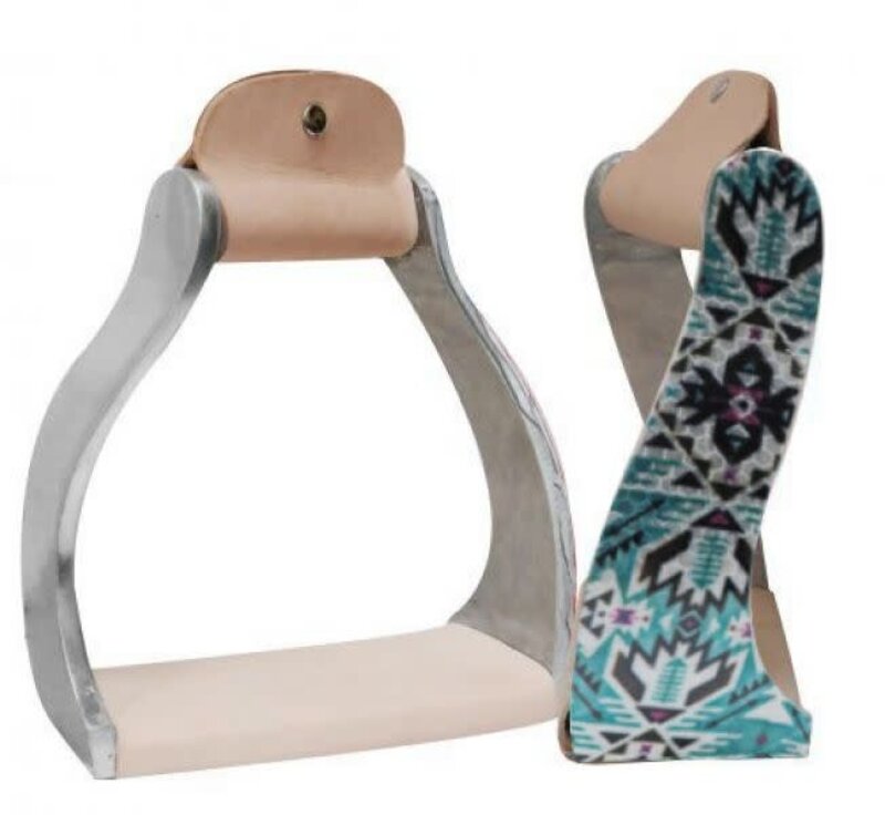 Showman Twisted Angled Aluminum Western Stirrups with Teal Aztec