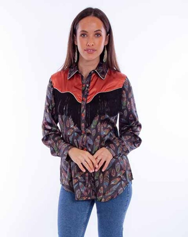 Scully Leather Women's Scully Feather Print Shirt with Fringe