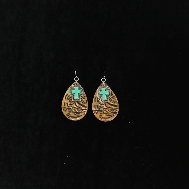 Earrings - Leather Teardrop and Turquoise Cross