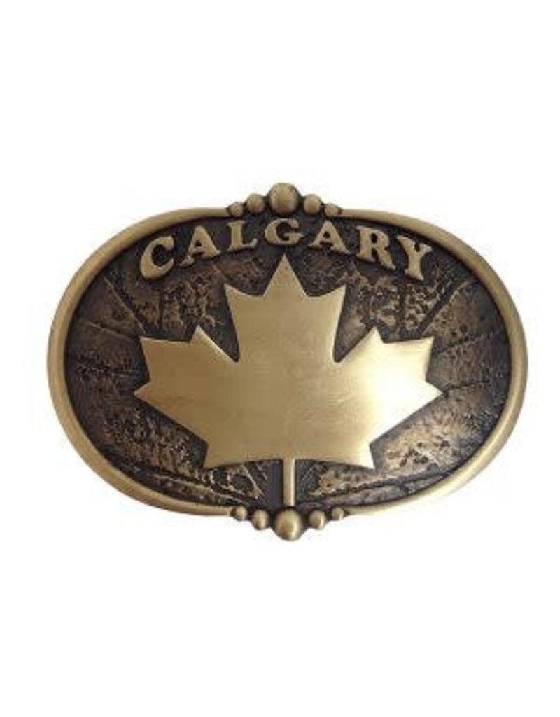 Belt Buckle - Bronzed Calgary w/Canadian Maple Leaf