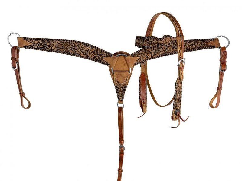 Showman Browband Leather Headstall, Breast Collar and Reins Set
