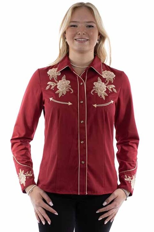 Scully Leather Women's Scullly Floral Embroidered Shirt - Cranberry