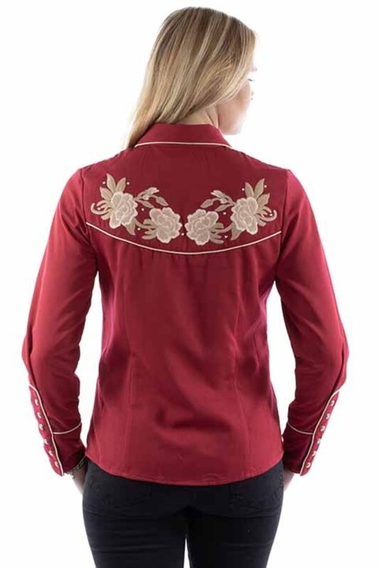 Scully Leather Women's Scullly Floral Embroidered Shirt - Cranberry