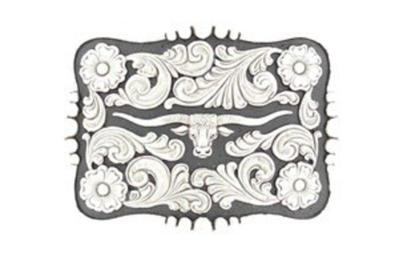 Nocona Belt Buckle - Nocona Longhorn Slvr/Blk Rectangle