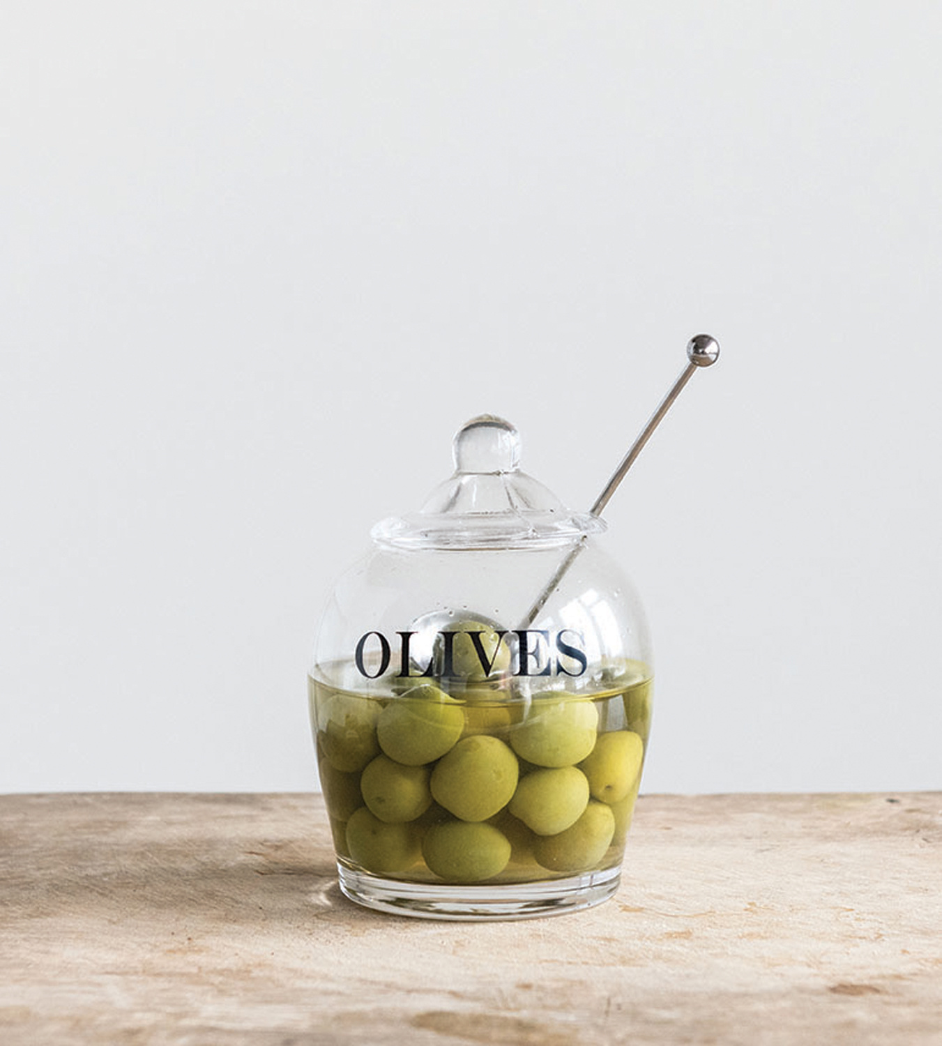 Creative Co-op 5.5"H Glass Jar "Olives" w/ Stainless Steel Slotted Spoon