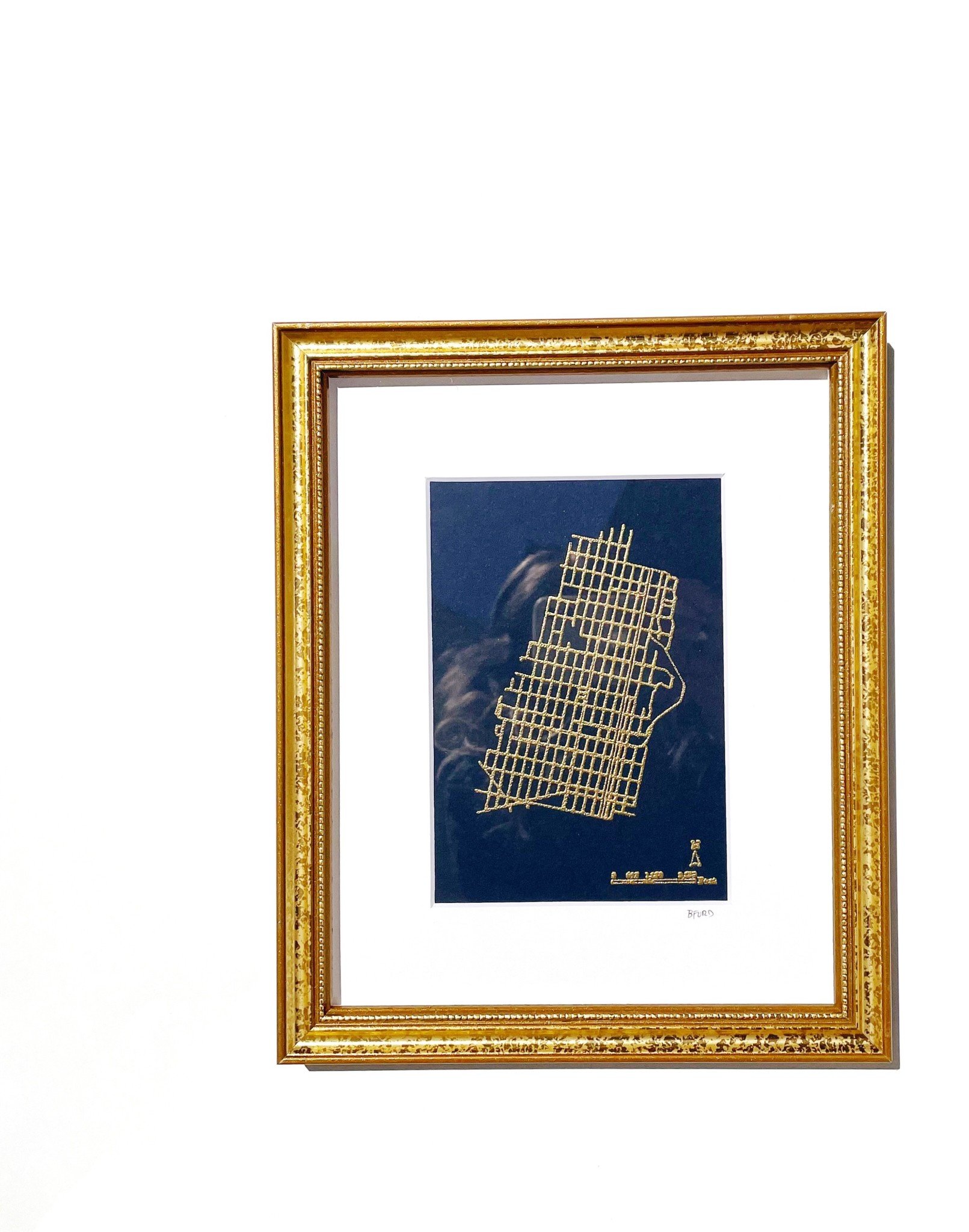 Britt Ford Framed & Matted Hoboken Embossed Map 5x7 - Navy w/ Gold.  Gold Frame