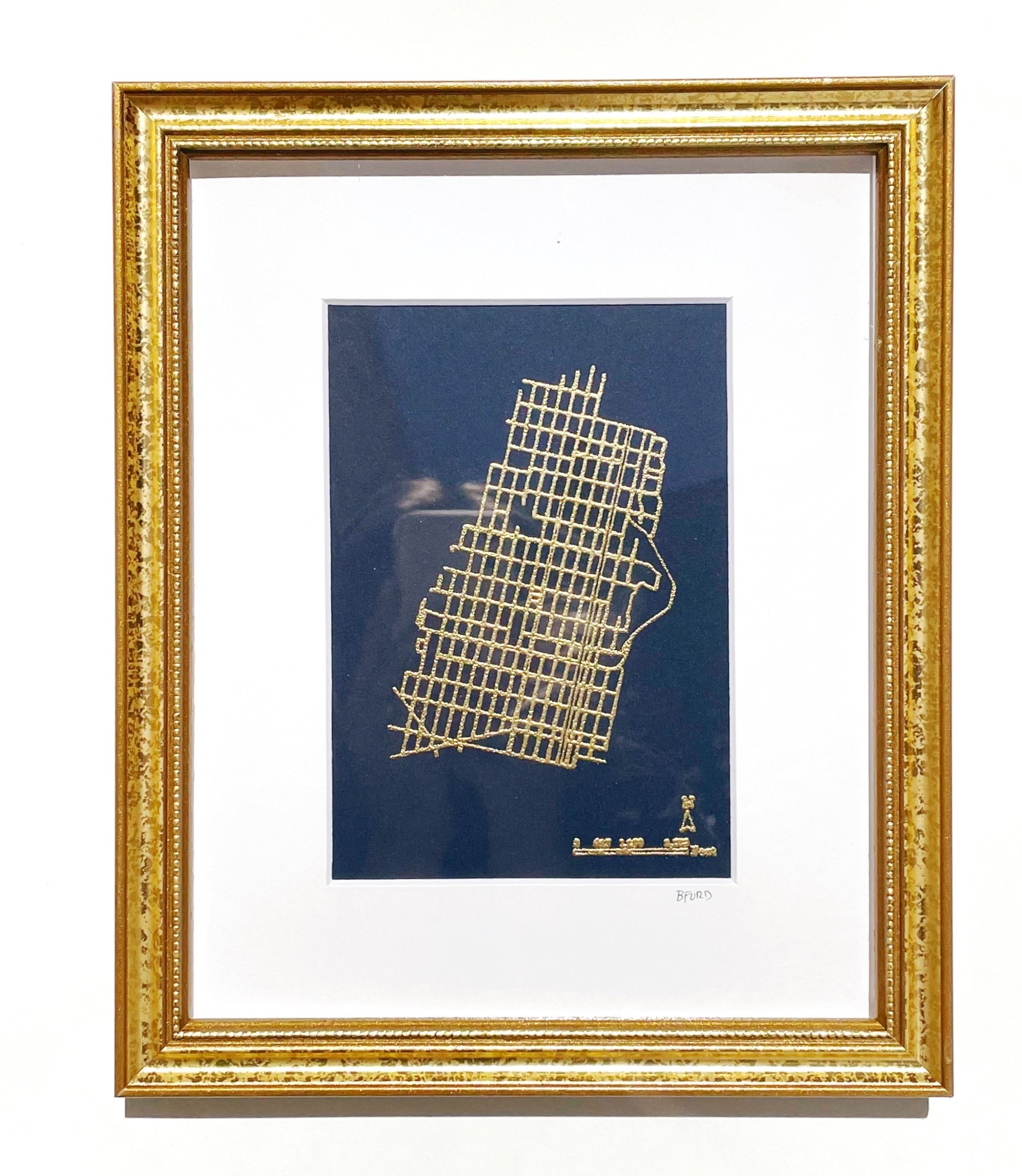 Britt Ford Framed & Matted Hoboken Embossed Map 5x7 - Navy w/ Gold.  Gold Frame