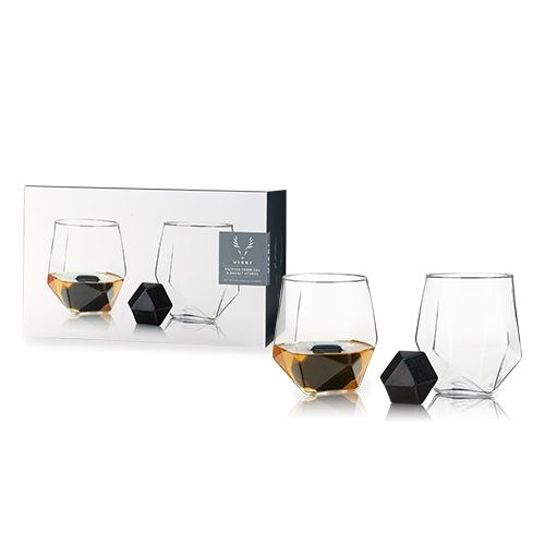True Seneca Crystal Faceted Tumbler & Hexagonal Basalt Stone Set (S/4)