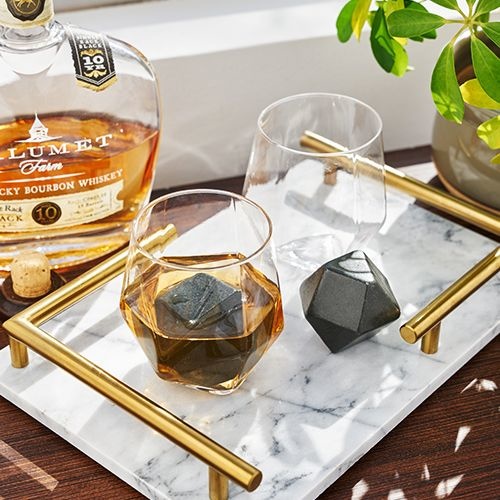 True Seneca Crystal Faceted Tumbler & Hexagonal Basalt Stone Set (S/4)