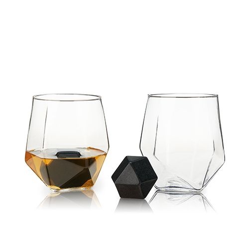 True Seneca Crystal Faceted Tumbler & Hexagonal Basalt Stone Set (S/4)