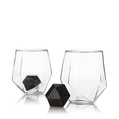 True Seneca Crystal Faceted Tumbler & Hexagonal Basalt Stone Set (S/4)