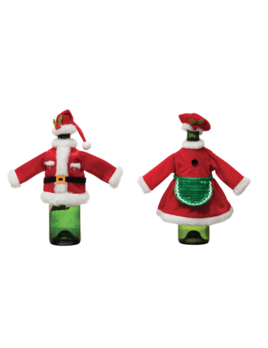 Creative Co-op Fabric Santa/Mrs Claus Outfit & Cap Bottle Topper