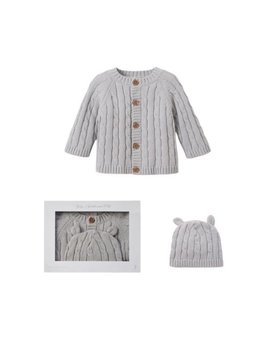 Elegant Baby Boxed Cable Sweater and Hat 6M - Gray