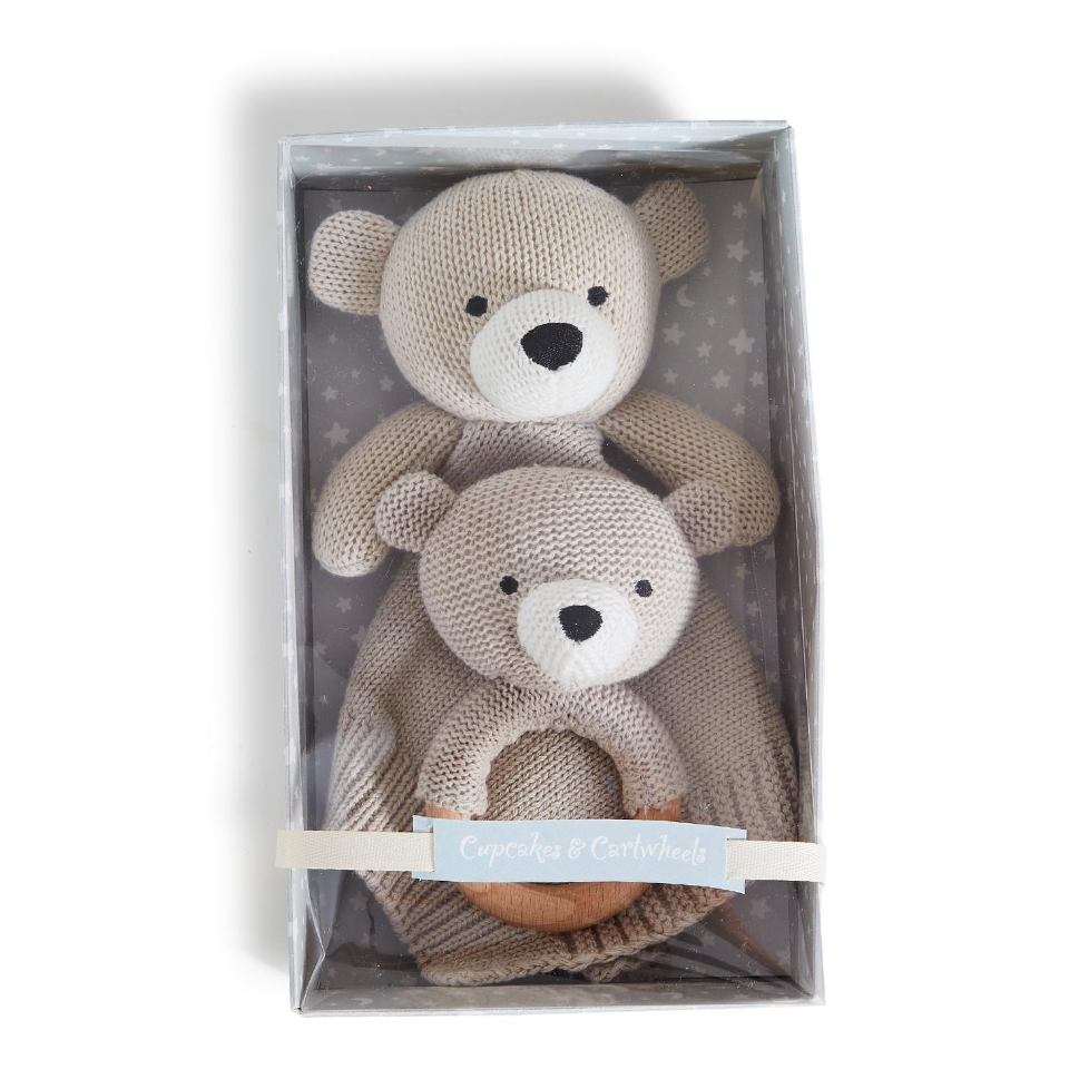 Two's Company Knitted Baby Bear Snuggle & Rattle Set
