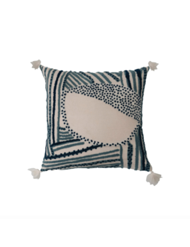 Creative Co-op 18" Square Cotton Embroidered Pillow w/ Tassels Blue & White