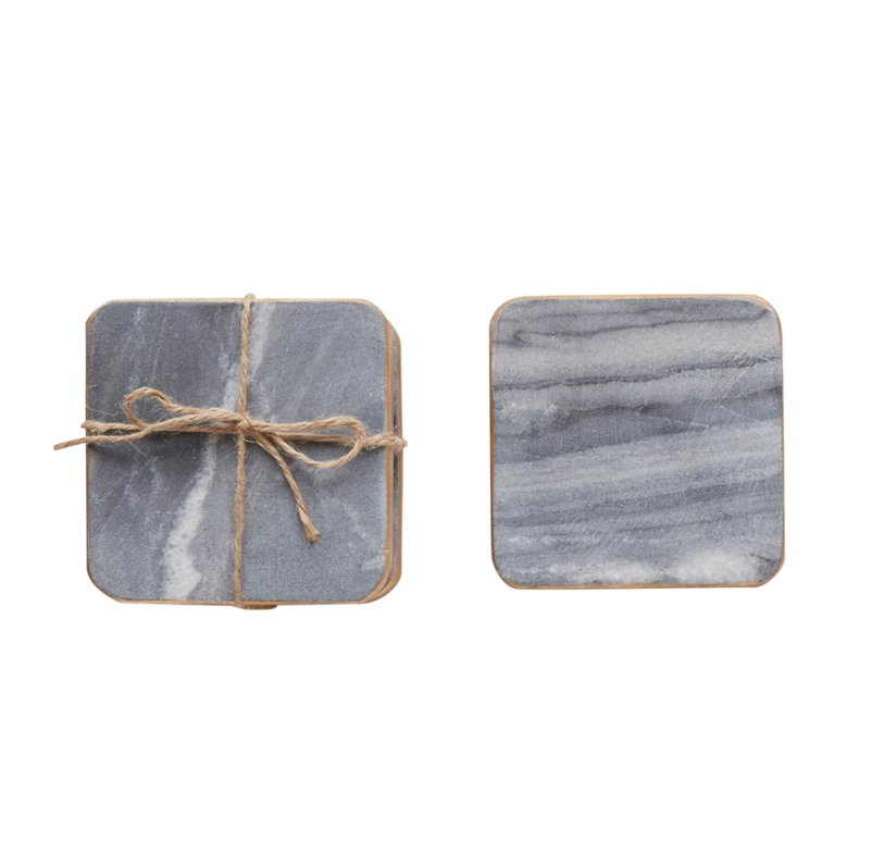 Creative Co-op Square Marble Coaster Grey w/ Gold Edge - Set of 4