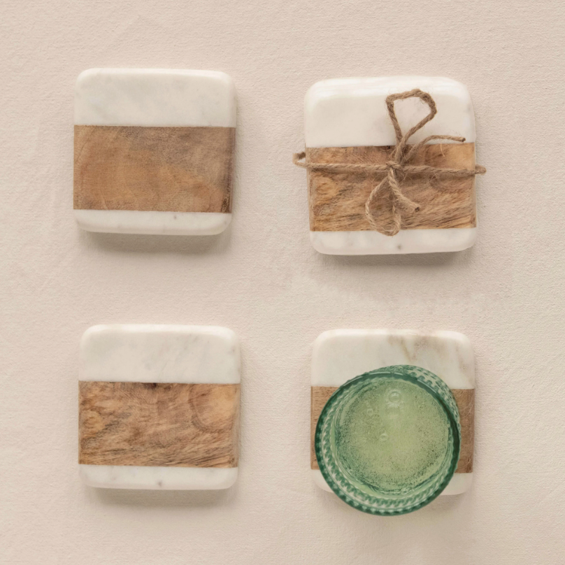 Creative Co-op Marble & Acacia Wood Coasters Set of 4
