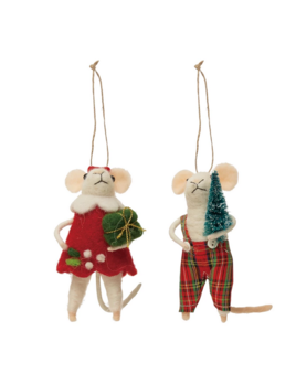 Creative Co-op Wool Felt Mouse Holding Tree/ Gift Ornament