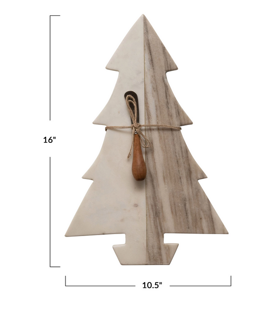 Creative Co-op Marble Tree Cheese/Cutting Board w/ Wood Canape Knife White and Buff Color