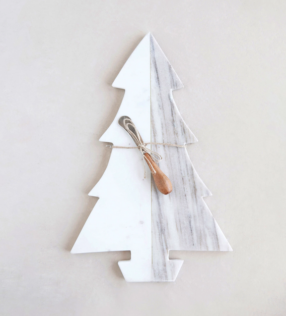 Creative Co-op Marble Tree Cheese/Cutting Board w/ Wood Canape Knife White and Buff Color