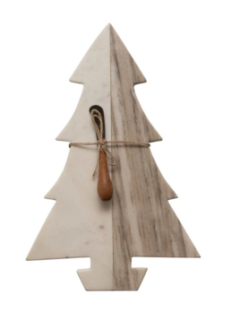 Creative Co-op Marble Tree Cheese/Cutting Board w/ Wood Canape Knife White and Buff Color