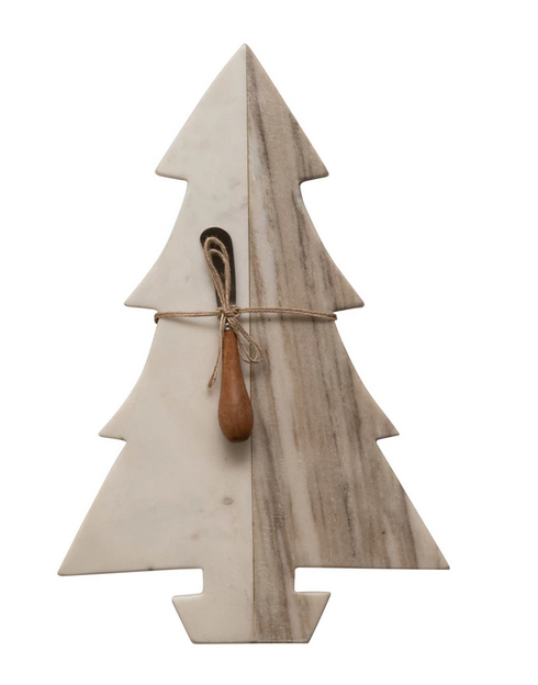 Creative Co-op Marble Tree Cheese/Cutting Board w/ Wood Canape Knife White and Buff Color