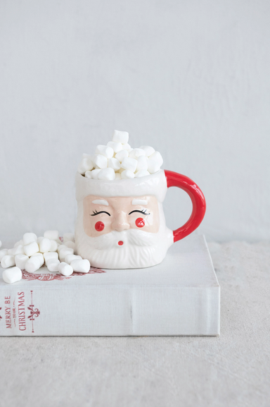 Creative Co-op 12 oz Hand Painted Stoneware Santa Mug Red & White