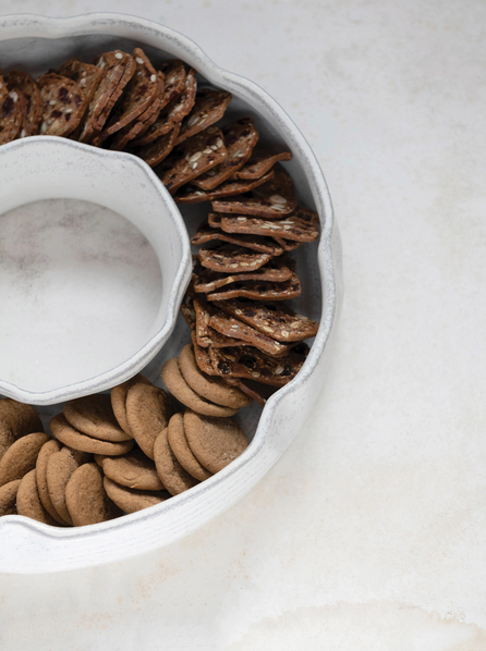 Creative Co-op 3"H Stoneware Ring Shaped Serving Dish w/ 2 Sections Reactive Glaze White