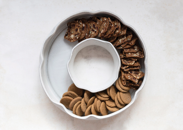 Creative Co-op 3"H Stoneware Ring Shaped Serving Dish w/ 2 Sections Reactive Glaze White