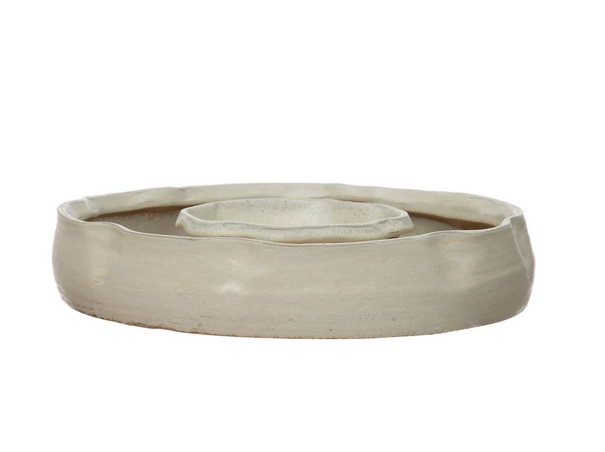 Creative Co-op 3"H Stoneware Ring Shaped Serving Dish w/ 2 Sections Reactive Glaze White
