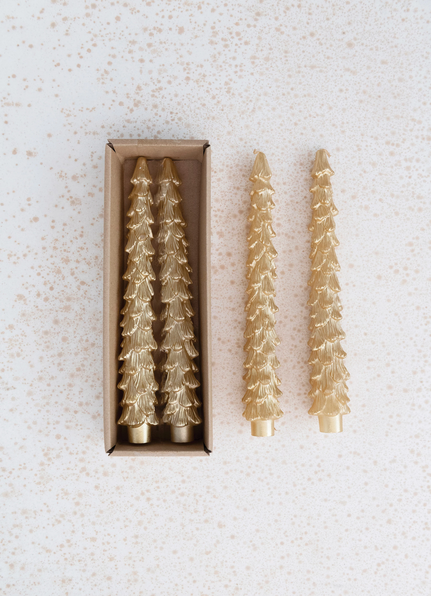 Creative Co-op 10"H Unscented Tree Shaped Taper Candles in Box Gold Color Set of 2