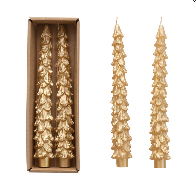 Creative Co-op 10"H Unscented Tree Shaped Taper Candles in Box Gold Color Set of 2