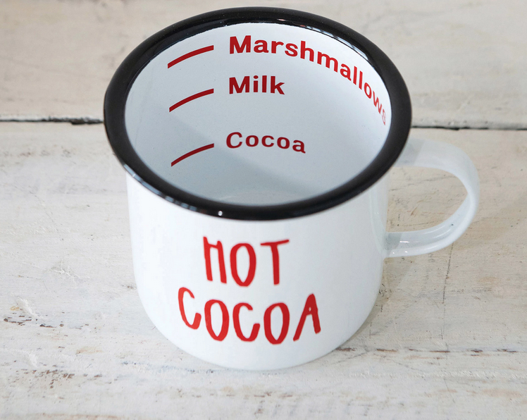 Creative Co-op 20 oz Enameled Mug " Hot Cocoa" - White w/ Black Rim
