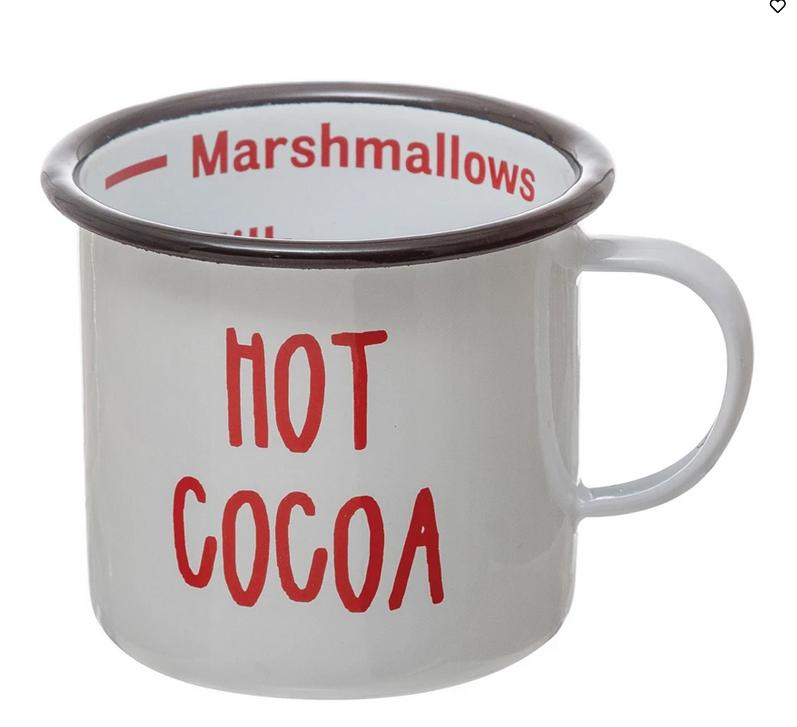 Creative Co-op 20 oz Enameled Mug " Hot Cocoa" - White w/ Black Rim