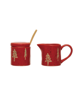 Creative Co-op Hand Stamped Stoneware Creamer & Sugar w/ Wood Spoon Tree Pattern & Gold Electroplating Red