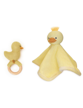 Two's Company Duckie Knitted Snuggle and Rattle Set in Gift Box