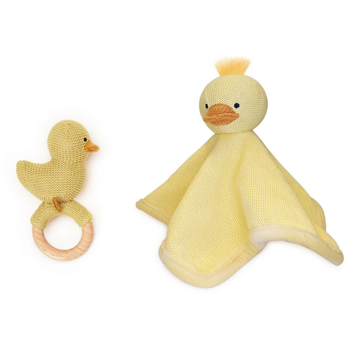 Two's Company Duckie Knitted Snuggle and Rattle Set in Gift Box