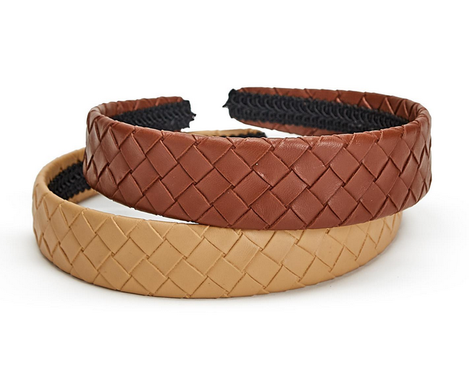 Two's Company Woven Vegan Leather Headband - Tan