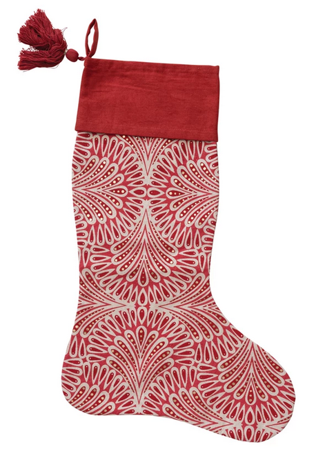 Creative Co-op 20"H Cotton Printed Stocking w/ Pattern & Tassel, Red, White & Gold Color