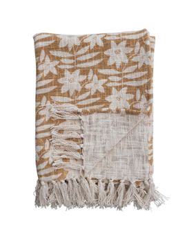 Creative Co-op 60"L x 50"W Cotton Printed Slub Throw w/ Floral Pattern & Fringe, Mustard & Cream