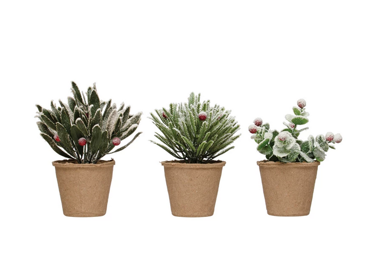 Creative Co-op Faux Greens w/ Red Berries in Paper Mache Pot
