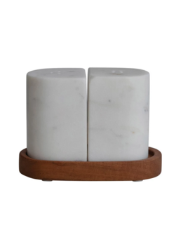 Bloomingville Marble Salt & Pepper Shakers w/ Acacia Wood Tray, White & Natural, Set of 3