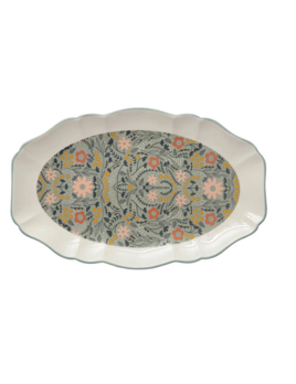 Creative Co-op Stoneware Platter w/ Floral Pattern & Blue Rim, Multi Color