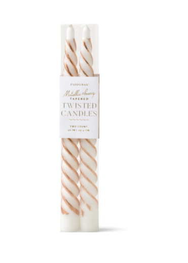 Paddywax Cypress & Fir Twisted Tapers 10" - Metacllic Ivory
