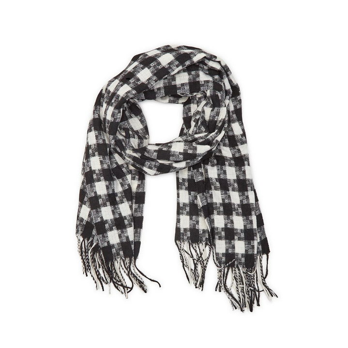 Two's Company Checkered Scarf with Fringe Detail
