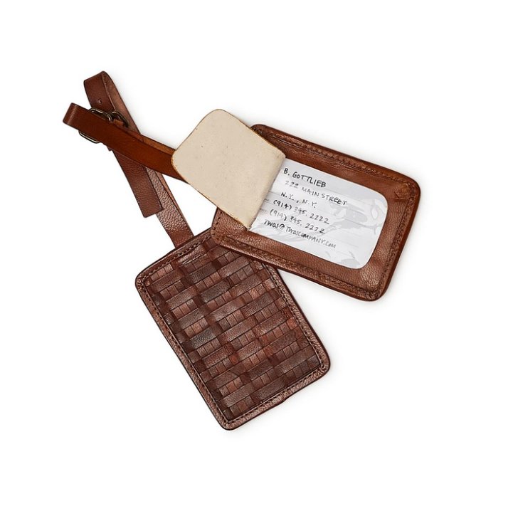 Two's Company Chestnut Woven Leather Luggage Tag